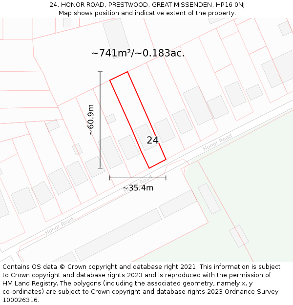 24, HONOR ROAD, PRESTWOOD, GREAT MISSENDEN, HP16 0NJ: Plot and title map