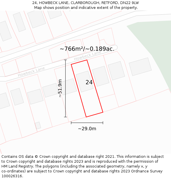 24, HOWBECK LANE, CLARBOROUGH, RETFORD, DN22 9LW: Plot and title map