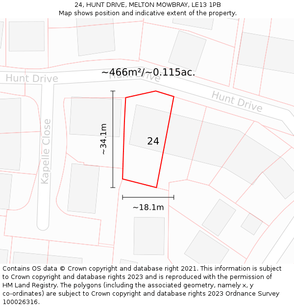 24, HUNT DRIVE, MELTON MOWBRAY, LE13 1PB: Plot and title map