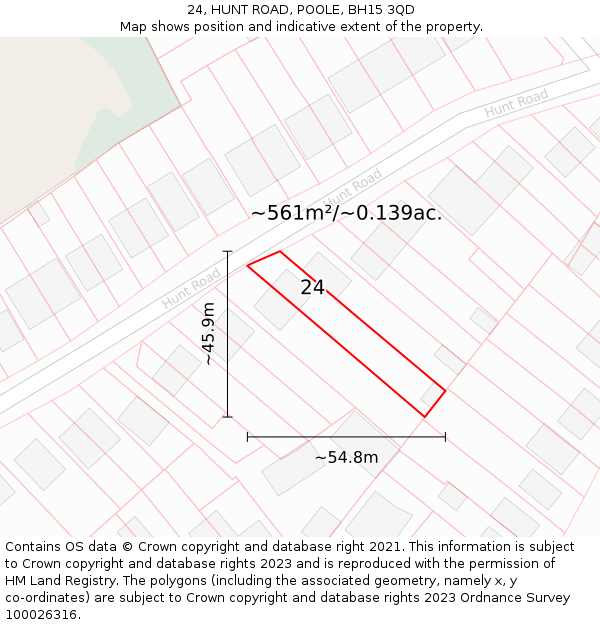 24, HUNT ROAD, POOLE, BH15 3QD: Plot and title map