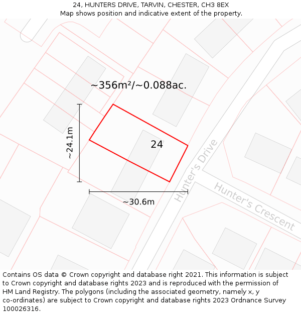 24, HUNTERS DRIVE, TARVIN, CHESTER, CH3 8EX: Plot and title map