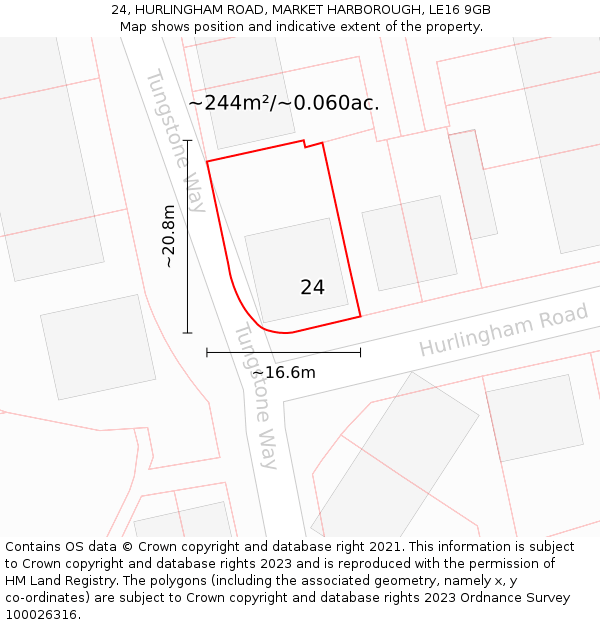 24, HURLINGHAM ROAD, MARKET HARBOROUGH, LE16 9GB: Plot and title map