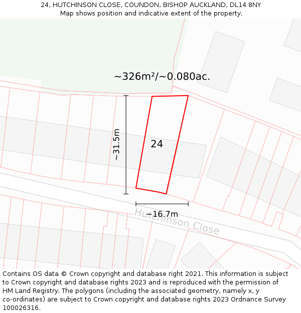 24, HUTCHINSON CLOSE, COUNDON, BISHOP AUCKLAND, DL14 8NY: Plot and title map