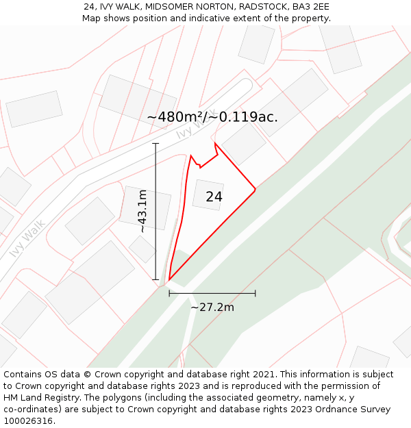 24, IVY WALK, MIDSOMER NORTON, RADSTOCK, BA3 2EE: Plot and title map