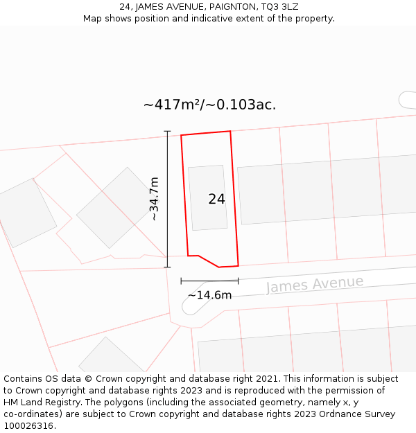 24, JAMES AVENUE, PAIGNTON, TQ3 3LZ: Plot and title map