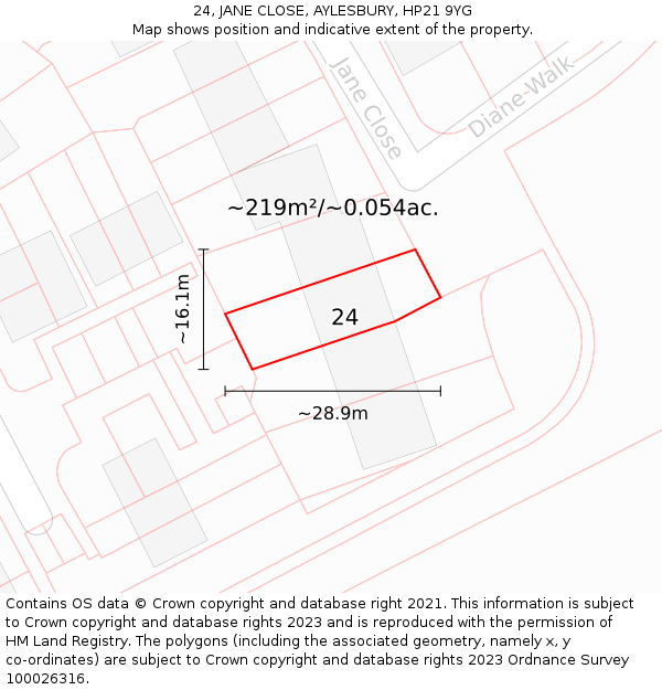 24, JANE CLOSE, AYLESBURY, HP21 9YG: Plot and title map