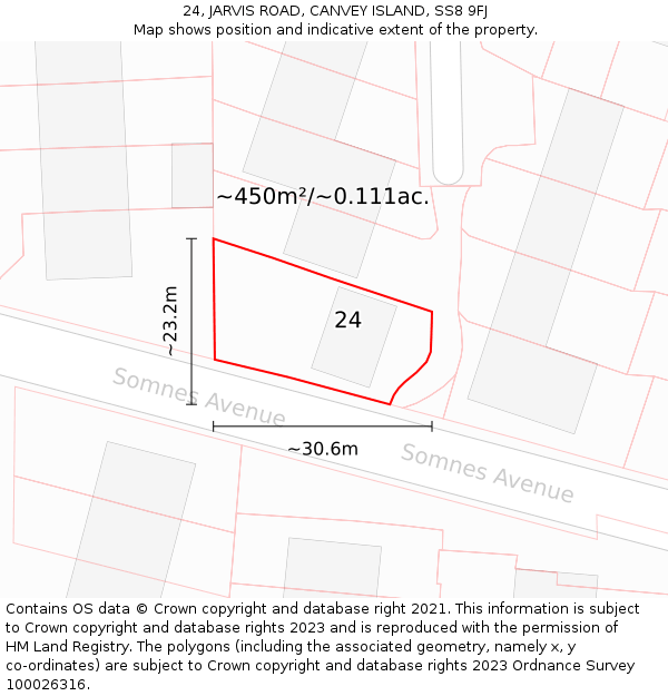24, JARVIS ROAD, CANVEY ISLAND, SS8 9FJ: Plot and title map