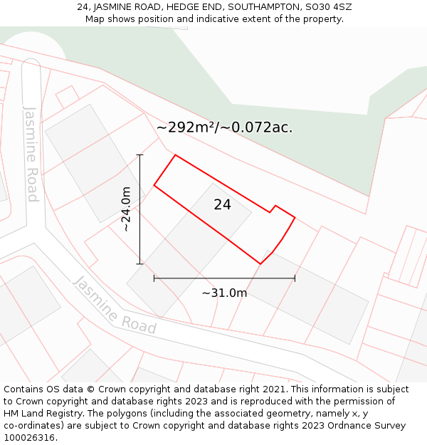 24, JASMINE ROAD, HEDGE END, SOUTHAMPTON, SO30 4SZ: Plot and title map