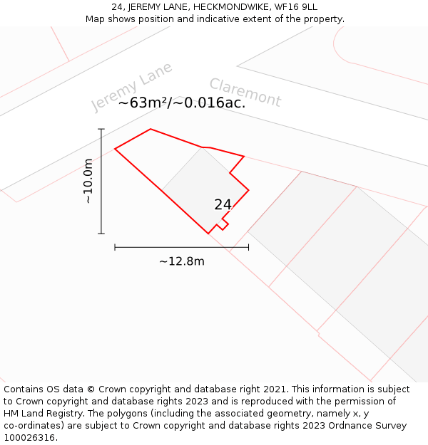 24, JEREMY LANE, HECKMONDWIKE, WF16 9LL: Plot and title map