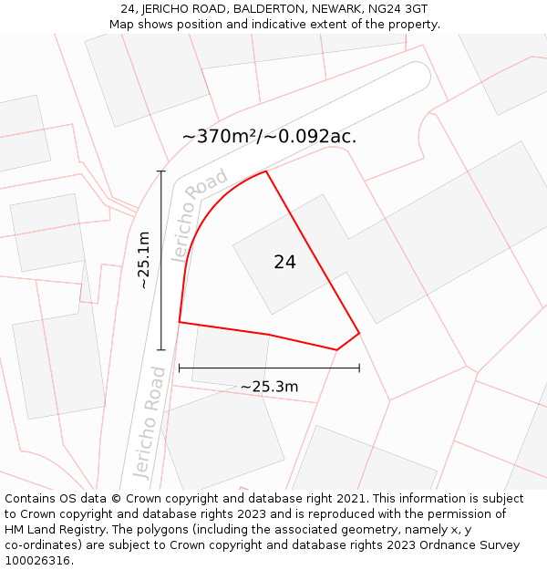 24, JERICHO ROAD, BALDERTON, NEWARK, NG24 3GT: Plot and title map