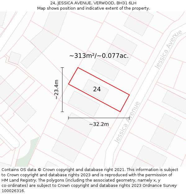 24, JESSICA AVENUE, VERWOOD, BH31 6LH: Plot and title map