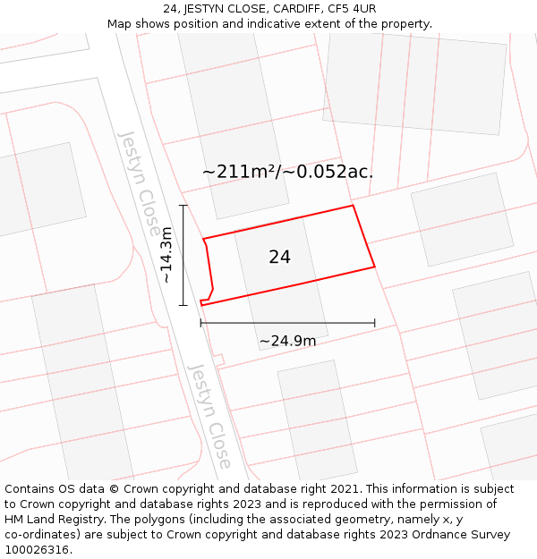 24, JESTYN CLOSE, CARDIFF, CF5 4UR: Plot and title map