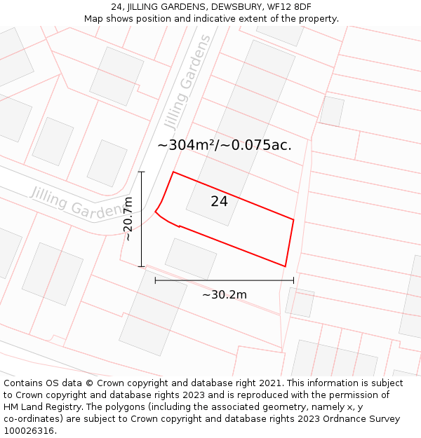 24, JILLING GARDENS, DEWSBURY, WF12 8DF: Plot and title map