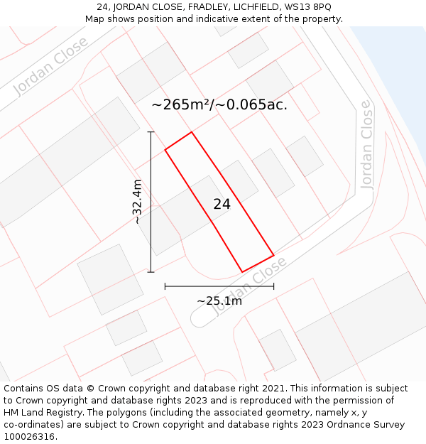 24, JORDAN CLOSE, FRADLEY, LICHFIELD, WS13 8PQ: Plot and title map