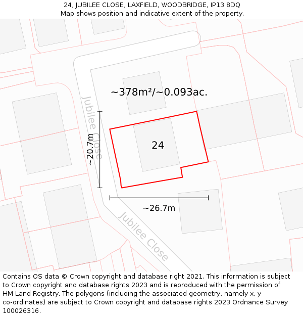 24, JUBILEE CLOSE, LAXFIELD, WOODBRIDGE, IP13 8DQ: Plot and title map