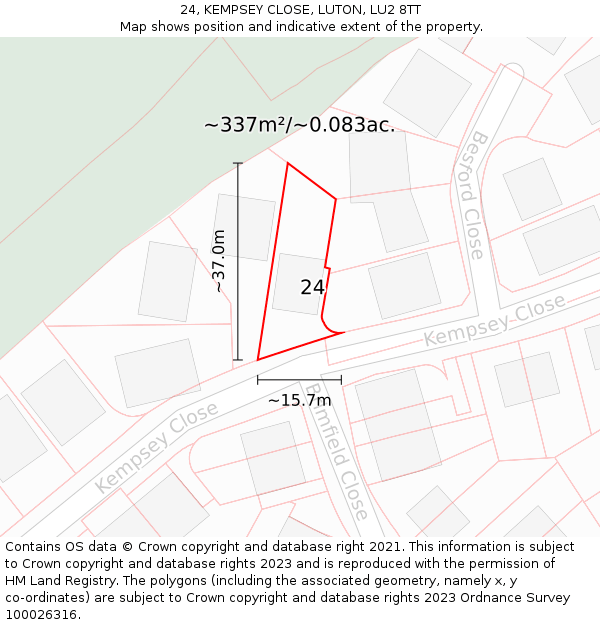 24, KEMPSEY CLOSE, LUTON, LU2 8TT: Plot and title map