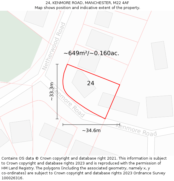 24, KENMORE ROAD, MANCHESTER, M22 4AF: Plot and title map