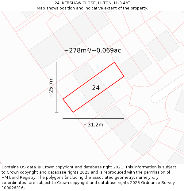 24, KERSHAW CLOSE, LUTON, LU3 4AT: Plot and title map