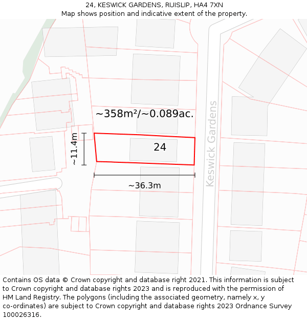 24, KESWICK GARDENS, RUISLIP, HA4 7XN: Plot and title map