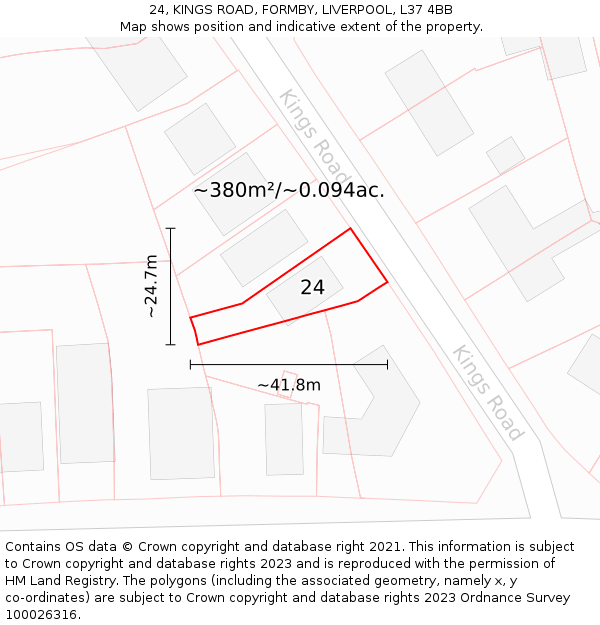 24, KINGS ROAD, FORMBY, LIVERPOOL, L37 4BB: Plot and title map