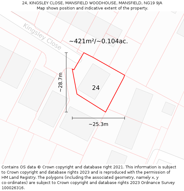 24, KINGSLEY CLOSE, MANSFIELD WOODHOUSE, MANSFIELD, NG19 9JA: Plot and title map