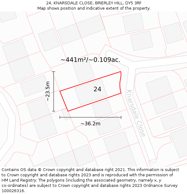 24, KNARSDALE CLOSE, BRIERLEY HILL, DY5 3RF: Plot and title map