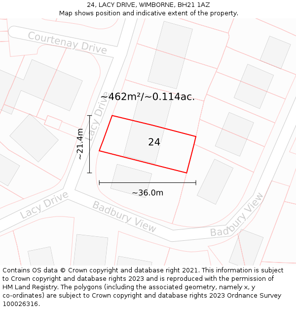 24, LACY DRIVE, WIMBORNE, BH21 1AZ: Plot and title map