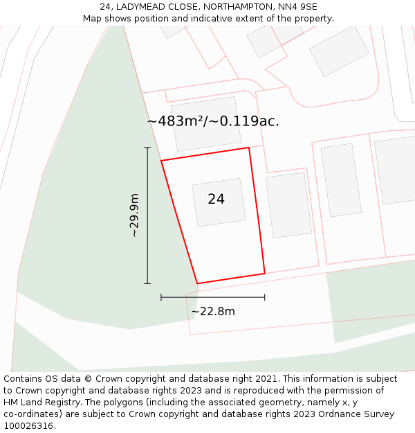 24, LADYMEAD CLOSE, NORTHAMPTON, NN4 9SE: Plot and title map