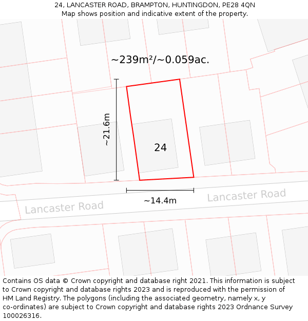 24, LANCASTER ROAD, BRAMPTON, HUNTINGDON, PE28 4QN: Plot and title map