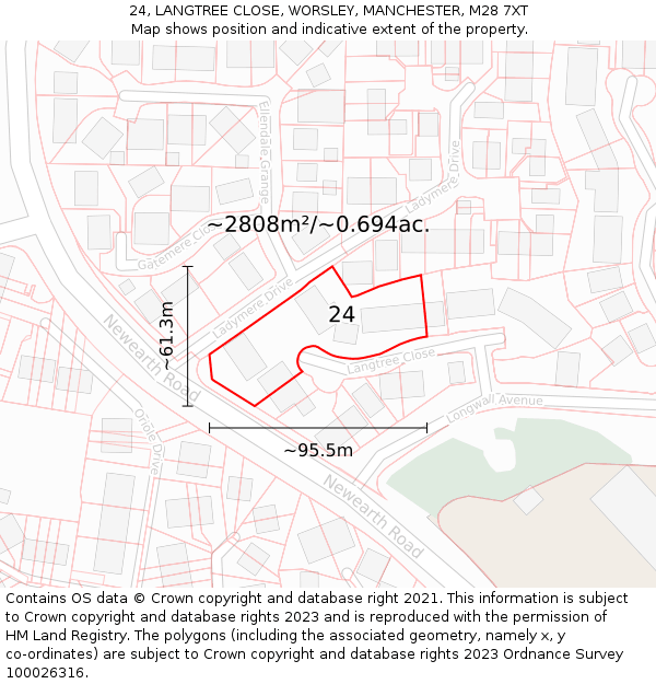 24, LANGTREE CLOSE, WORSLEY, MANCHESTER, M28 7XT: Plot and title map