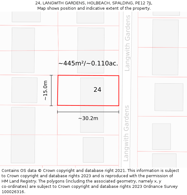 24, LANGWITH GARDENS, HOLBEACH, SPALDING, PE12 7JL: Plot and title map