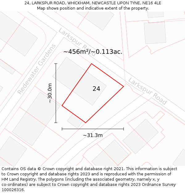 24, LARKSPUR ROAD, WHICKHAM, NEWCASTLE UPON TYNE, NE16 4LE: Plot and title map