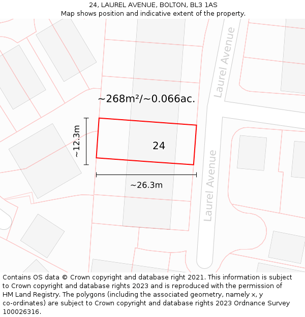 24, LAUREL AVENUE, BOLTON, BL3 1AS: Plot and title map