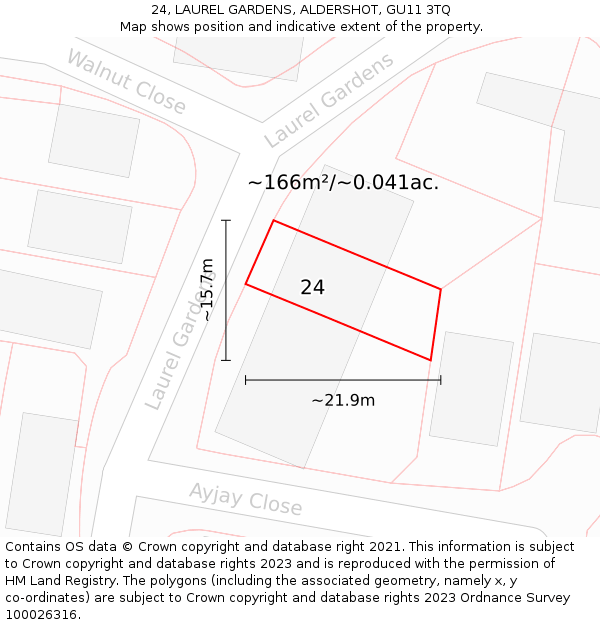 24, LAUREL GARDENS, ALDERSHOT, GU11 3TQ: Plot and title map