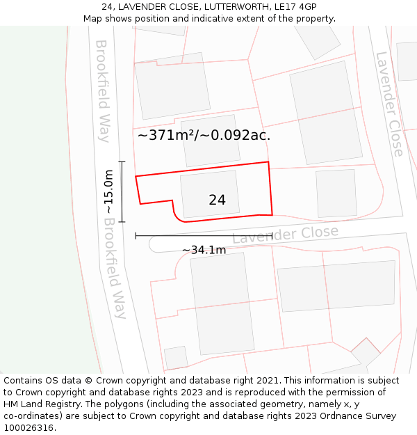 24, LAVENDER CLOSE, LUTTERWORTH, LE17 4GP: Plot and title map