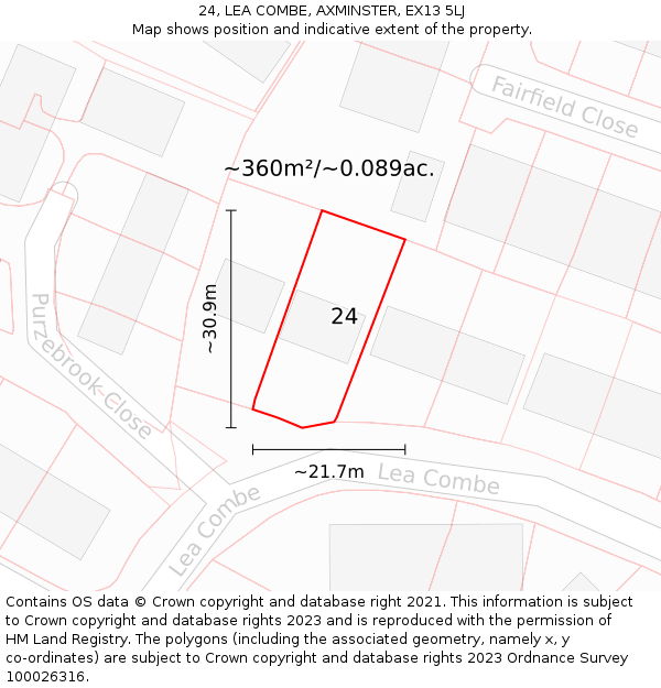 24, LEA COMBE, AXMINSTER, EX13 5LJ: Plot and title map