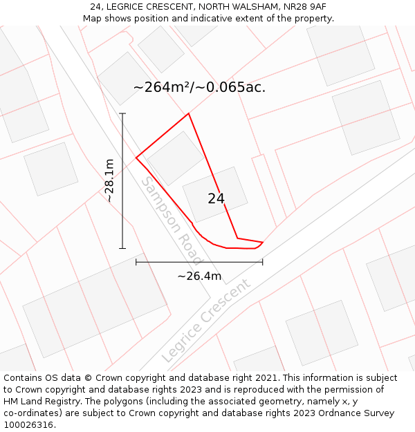 24, LEGRICE CRESCENT, NORTH WALSHAM, NR28 9AF: Plot and title map
