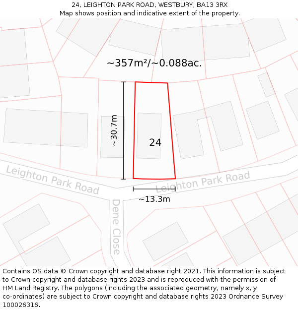 24, LEIGHTON PARK ROAD, WESTBURY, BA13 3RX: Plot and title map