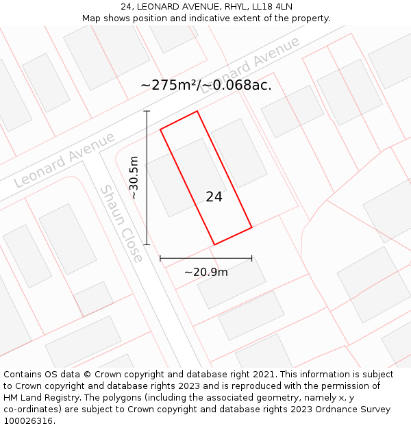 24, LEONARD AVENUE, RHYL, LL18 4LN: Plot and title map