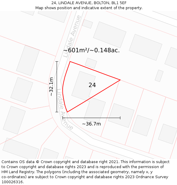 24, LINDALE AVENUE, BOLTON, BL1 5EF: Plot and title map