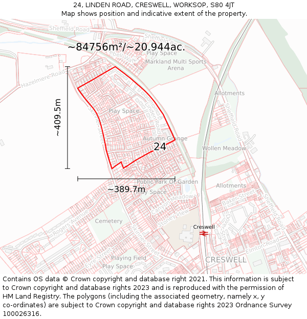 24, LINDEN ROAD, CRESWELL, WORKSOP, S80 4JT: Plot and title map