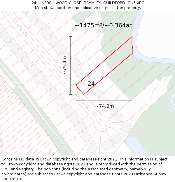 24, LINERSH WOOD CLOSE, BRAMLEY, GUILDFORD, GU5 0EG: Plot and title map