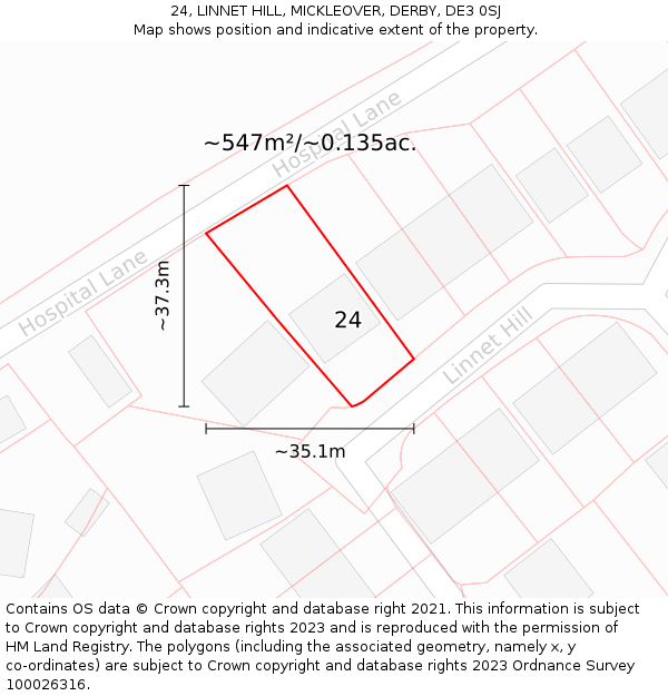 24, LINNET HILL, MICKLEOVER, DERBY, DE3 0SJ: Plot and title map