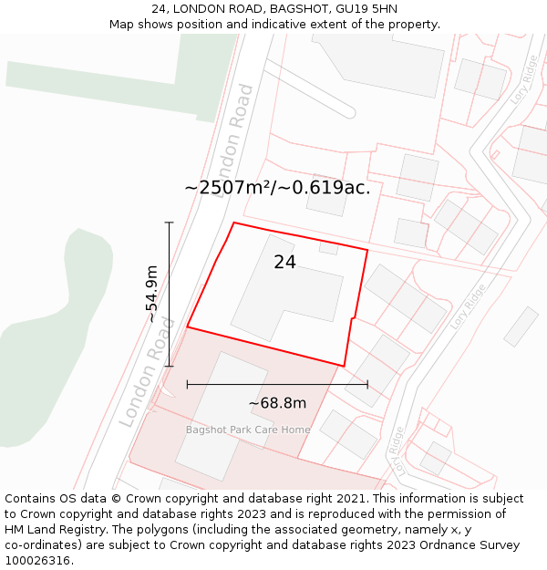 24, LONDON ROAD, BAGSHOT, GU19 5HN: Plot and title map