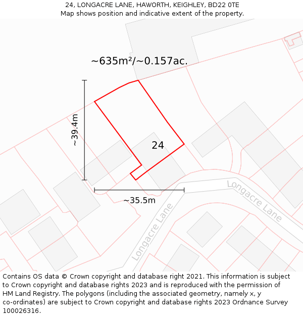 24, LONGACRE LANE, HAWORTH, KEIGHLEY, BD22 0TE: Plot and title map