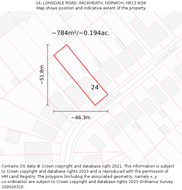 24, LONSDALE ROAD, RACKHEATH, NORWICH, NR13 6QW: Plot and title map