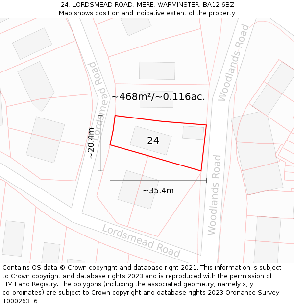 24, LORDSMEAD ROAD, MERE, WARMINSTER, BA12 6BZ: Plot and title map