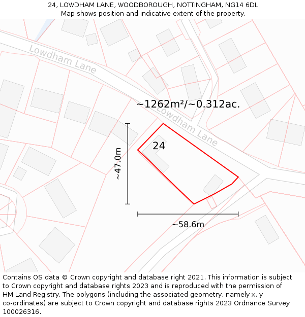 24, LOWDHAM LANE, WOODBOROUGH, NOTTINGHAM, NG14 6DL: Plot and title map