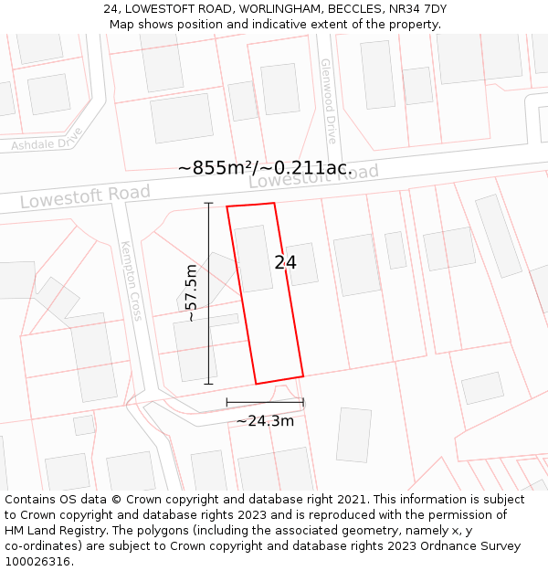 24, LOWESTOFT ROAD, WORLINGHAM, BECCLES, NR34 7DY: Plot and title map