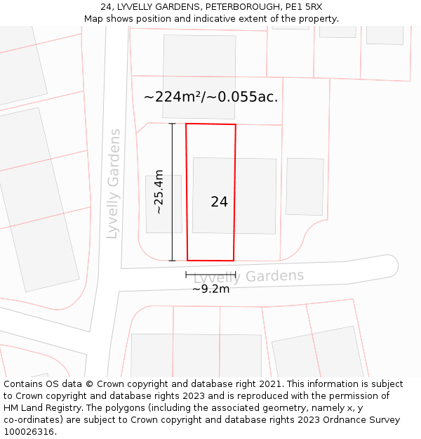 24, LYVELLY GARDENS, PETERBOROUGH, PE1 5RX: Plot and title map